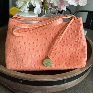 Brahmin Ostrich Style Leather Shoulder Bag. Coral with Gold Accents